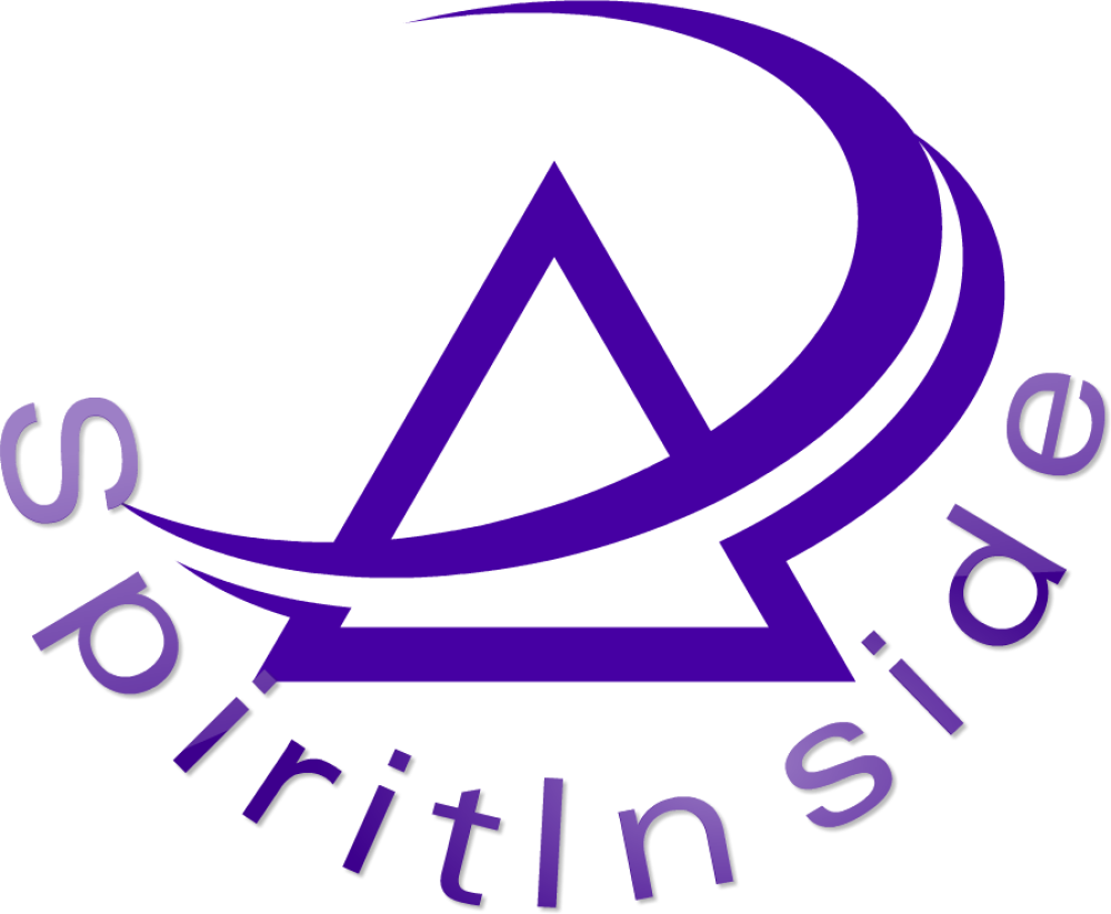 The image displays a logo with the text  Sacred Spirit  and  Spirit Inside,  featuring a stylized design that includes an abstract shape resembling a triangle or a mountain peak, all set against a background with a gradient of colors ranging from purple to blue.